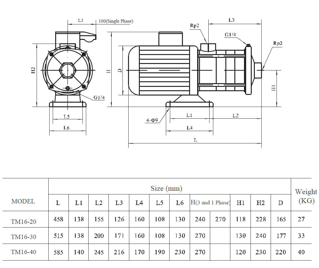 TM16 horizontal multistage pump size
